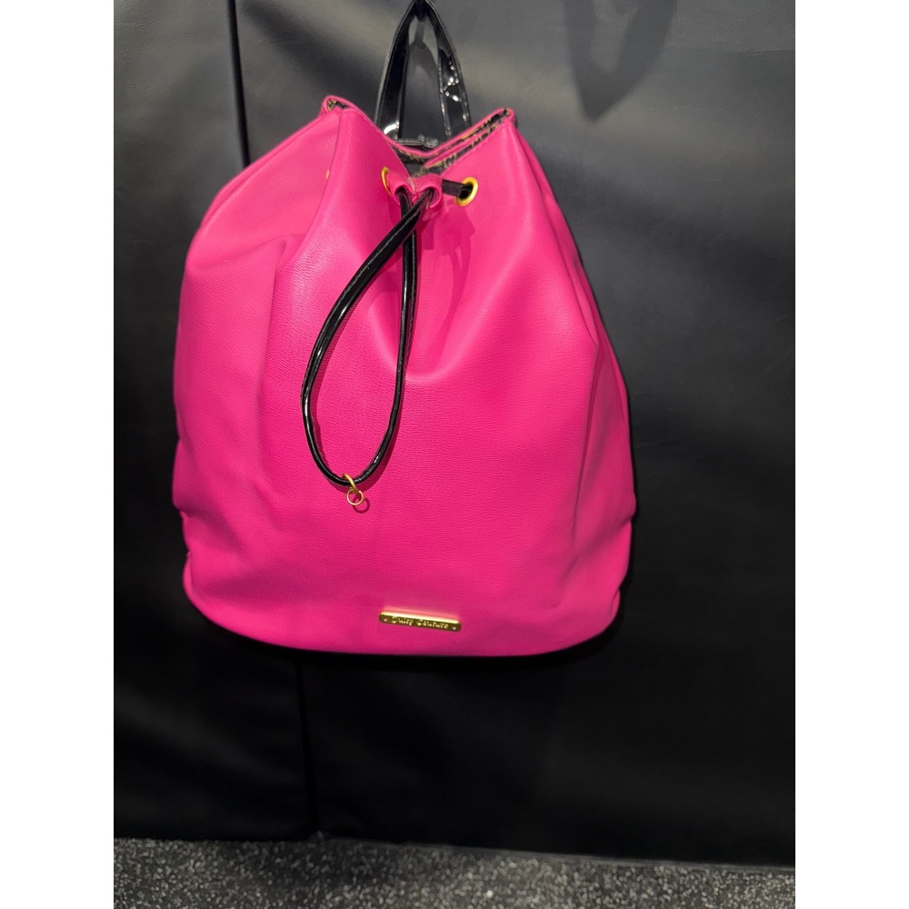 Juicy Couture Hot Pink Faux Leather Drawstring Backpack Bag Shiny Black Trim